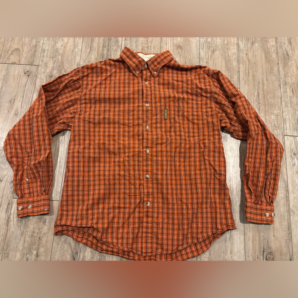 Columbia Men's Orange Checkered Long Sleeve Button Down Shirt Size Large